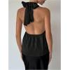 imageMakeMeChic Womens Satin Halter Tops Metal Ring Tie Open Back Asymmetrical Ruffle Tank TopsBlack B