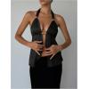 imageMakeMeChic Womens Satin Halter Tops Metal Ring Tie Open Back Asymmetrical Ruffle Tank TopsBlack B
