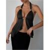 imageMakeMeChic Womens Satin Halter Tops Metal Ring Tie Open Back Asymmetrical Ruffle Tank TopsBlack B