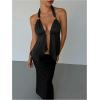 imageMakeMeChic Womens Satin Halter Tops Metal Ring Tie Open Back Asymmetrical Ruffle Tank TopsBlack B