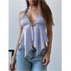 imageMakeMeChic Womens Satin Halter Tops Metal Ring Tie Open Back Asymmetrical Ruffle Tank TopsDusty Blue