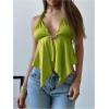 imageMakeMeChic Womens Satin Halter Tops Metal Ring Tie Open Back Asymmetrical Ruffle Tank TopsGreen