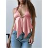 imageMakeMeChic Womens Satin Halter Tops Metal Ring Tie Open Back Asymmetrical Ruffle Tank TopsPink