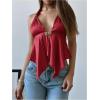 imageMakeMeChic Womens Satin Halter Tops Metal Ring Tie Open Back Asymmetrical Ruffle Tank TopsRedwood