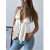 imageMakeMeChic Womens Satin Halter Tops Metal Ring Tie Open Back Asymmetrical Ruffle Tank TopsWhite