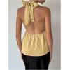 imageMakeMeChic Womens Satin Halter Tops Metal Ring Tie Open Back Asymmetrical Ruffle Tank TopsYellow