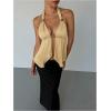 imageMakeMeChic Womens Satin Halter Tops Metal Ring Tie Open Back Asymmetrical Ruffle Tank TopsYellow