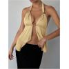 imageMakeMeChic Womens Satin Halter Tops Metal Ring Tie Open Back Asymmetrical Ruffle Tank TopsYellow