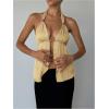 imageMakeMeChic Womens Satin Halter Tops Metal Ring Tie Open Back Asymmetrical Ruffle Tank TopsYellow