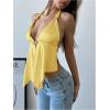 imageMakeMeChic Womens Satin Halter Tops Metal Ring Tie Open Back Asymmetrical Ruffle Tank TopsYellow B