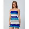 imageMakeMeChic Womens Strapless Crochet Cover Up Beachwear Colorblock Knit Tube Mini DressBlue