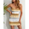 imageMakeMeChic Womens Strapless Crochet Cover Up Beachwear Colorblock Knit Tube Mini DressKhaki