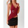 imageMakeMeChic Womens Wrap Lettuce Trim Halter Top Sleeveless Tie Back Summer ShirtsRed