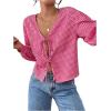 imageMakeMeChic Womens Y2K Plaid Gingham V Neck Long Sleeve Tie Front Babydoll Blouse Checkered Cute TopPink