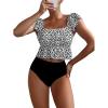 imageMakeMeChic Womens 2 Piece Bathing Suits Striped Ruffle Trim High Waisted Bikini SwimsuitBlack