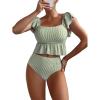 imageMakeMeChic Womens 2 Piece Bathing Suits Striped Ruffle Trim High Waisted Bikini SwimsuitGreen