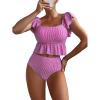 imageMakeMeChic Womens 2 Piece Bathing Suits Striped Ruffle Trim High Waisted Bikini SwimsuitHot Pink