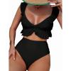 imageMakeMeChic Womens 2 Piece Bikini Set Ruffle Trim Bathing Suit V Neck Tie Back High Waisted SwimsuitBlack