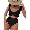 imageMakeMeChic Womens 2 Piece Bikini Set Ruffle Trim Bathing Suit V Neck Tie Back High Waisted SwimsuitBlack Solid