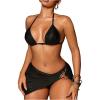 imageMakeMeChic Womens 3 Piece Bikini Sets Metallic Halter Ruched Triangle Cheeky Bathing Suit Swimsuit with Beach SkirtBlack