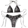 imageMakeMeChic Womens Bikini Set Denim Print Halter Tie Back Triangle Swimsuit BeachwearBlack