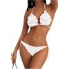imageMakeMeChic Womens Crochet Cover Up Sets 3D Flower Halter Backless Bikini Top and Thong Beach Bathing SuitWhite