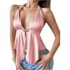 imageMakeMeChic Womens Satin Halter Tops Metal Ring Tie Open Back Asymmetrical Ruffle Tank TopsPink