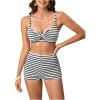 imageMakeMeChic Womens Striped Bikini Set Twist Front Tummy Control Bathing Suit with BoyshortsBlack and White
