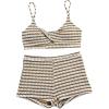 imageMakeMeChic Womens Striped Bikini Set Twist Front Tummy Control Bathing Suit with BoyshortsCoffee Brown