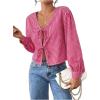 imageMakeMeChic Womens Y2K Plaid Gingham V Neck Long Sleeve Tie Front Babydoll Blouse Checkered Cute TopPink