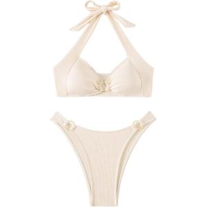 imageMakeMeChic Halter Bikini Sets for Women Sexy Micro Bikini Bathing Suit Two Piece Swimsuits 2025Beige