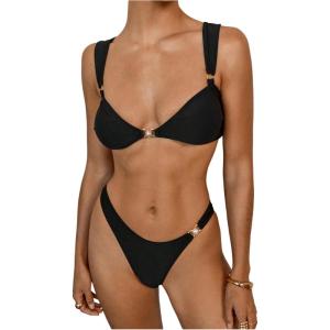 imageMakeMeChic Halter Bikini Sets for Women Sexy Micro Bikini Bathing Suit Two Piece Swimsuits 2025Black Pearl