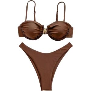 imageMakeMeChic Halter Bikini Sets for Women Sexy Micro Bikini Bathing Suit Two Piece Swimsuits 2025Brown Metal