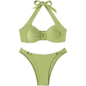 imageMakeMeChic Halter Bikini Sets for Women Sexy Micro Bikini Bathing Suit Two Piece Swimsuits 2025Lime Green