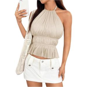 imageMakeMeChic Halter Tops for Women Going Out Tops Y2k Ruffle Cute Summer Backless TopBeige B