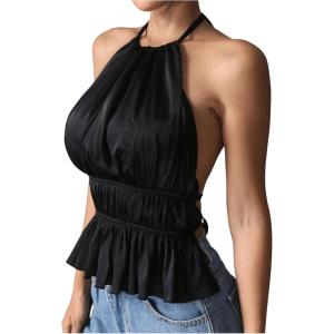 imageMakeMeChic Halter Tops for Women Going Out Tops Y2k Ruffle Cute Summer Backless TopBlack