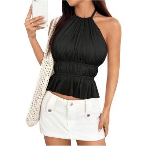 imageMakeMeChic Halter Tops for Women Going Out Tops Y2k Ruffle Cute Summer Backless TopBlack B