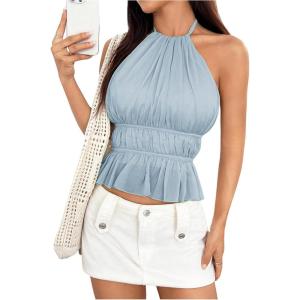 imageMakeMeChic Halter Tops for Women Going Out Tops Y2k Ruffle Cute Summer Backless TopBlue B