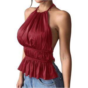 imageMakeMeChic Halter Tops for Women Going Out Tops Y2k Ruffle Cute Summer Backless TopBurgundy