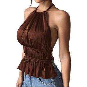 imageMakeMeChic Halter Tops for Women Going Out Tops Y2k Ruffle Cute Summer Backless TopCoffee Brown