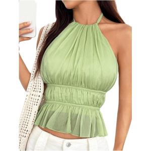 imageMakeMeChic Halter Tops for Women Going Out Tops Y2k Ruffle Cute Summer Backless TopGreen