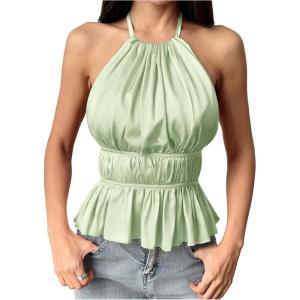 imageMakeMeChic Halter Tops for Women Going Out Tops Y2k Ruffle Cute Summer Backless TopMint Green