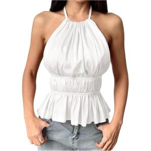 imageMakeMeChic Halter Tops for Women Going Out Tops Y2k Ruffle Cute Summer Backless TopWhite