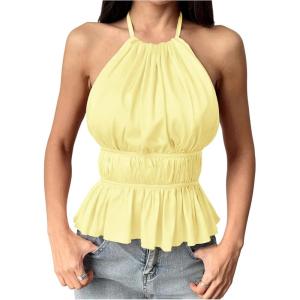 imageMakeMeChic Halter Tops for Women Going Out Tops Y2k Ruffle Cute Summer Backless TopYellow