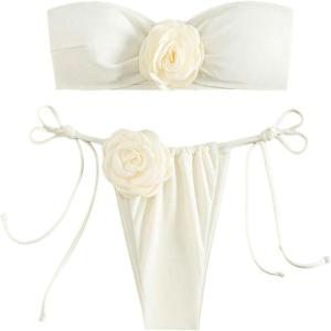 imageMakeMeChic Womens 2 Piece Bandeau Swimsuit 3D Floral Tie Side High Cut Bikini Set Bathing SuitBeige