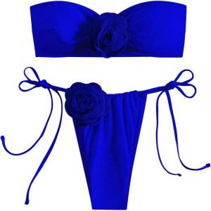 imageMakeMeChic Womens 2 Piece Bandeau Swimsuit 3D Floral Tie Side High Cut Bikini Set Bathing SuitRoyal Blue