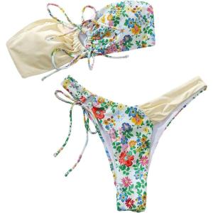 imageMakeMeChic Womens 2 Piece Bandeau Swimsuit Boho Ring Strapless High Cut Bikini Sets Bathing SuitA Multi