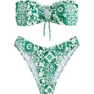 imageMakeMeChic Womens 2 Piece Bandeau Swimsuit Boho Ring Strapless High Cut Bikini Sets Bathing SuitGreen
