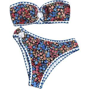 imageMakeMeChic Womens 2 Piece Bandeau Swimsuit Boho Ring Strapless High Cut Bikini Sets Bathing SuitMulti Blue Black