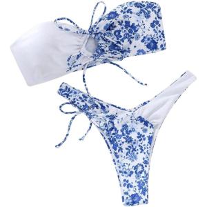 imageMakeMeChic Womens 2 Piece Bandeau Swimsuit Boho Ring Strapless High Cut Bikini Sets Bathing SuitMulti Blue Floral
